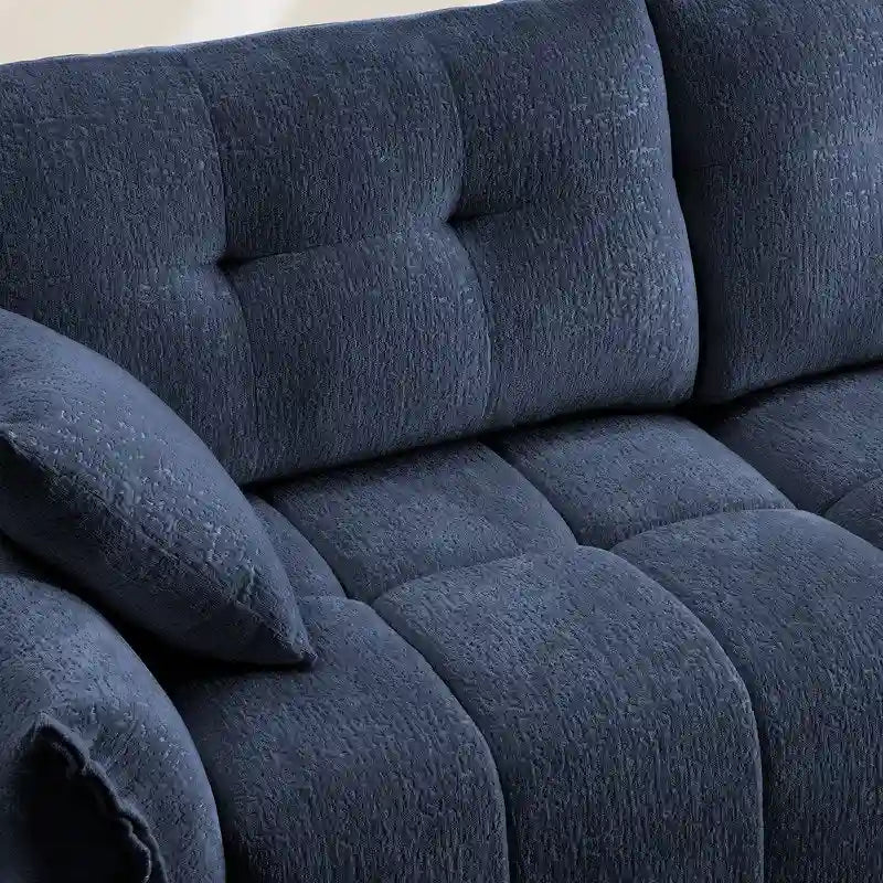 Canapé 3 places en chenille bleu / vert / orange brûlé / blanc avec pouf