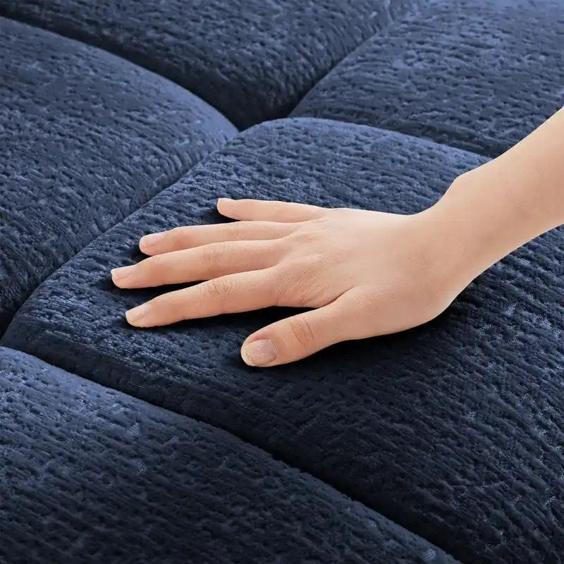 Canapé 3 places en chenille bleu / vert / orange brûlé / blanc avec pouf