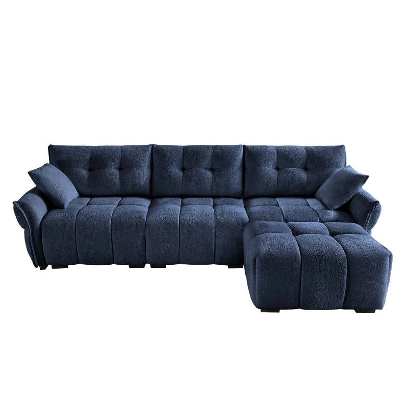 Canapé 3 places en chenille bleu / vert / orange brûlé / blanc avec pouf