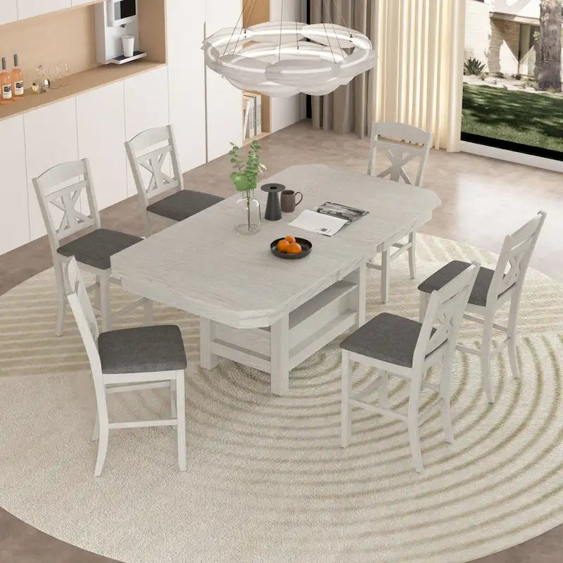 Table à manger extensible grise, 6 à 8 places, plateau aspect planches rustiques