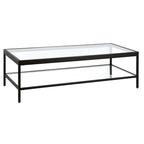 Table basse rectangulaire 54", verre transparent et cadre en acier noir/doré, moderne, 1 étagère