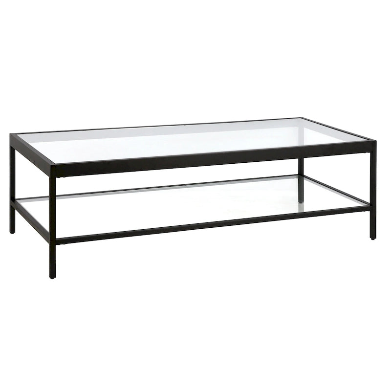 Table basse rectangulaire 54", verre transparent et cadre en acier noir/doré, moderne, 1 étagère