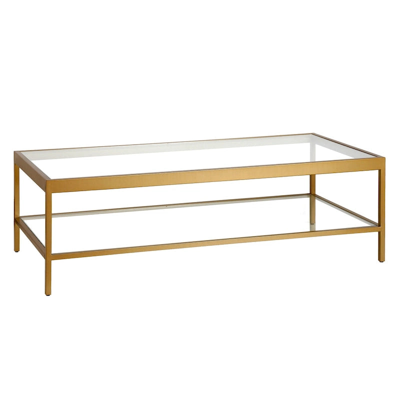 Table basse rectangulaire 54", verre transparent et cadre en acier noir/doré, moderne, 1 étagère