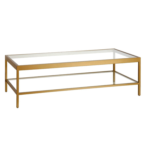Table basse rectangulaire 54", verre transparent et cadre en acier noir/doré, moderne, 1 étagère