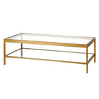 Table basse rectangulaire 54", verre transparent et cadre en acier noir/doré, moderne, 1 étagère