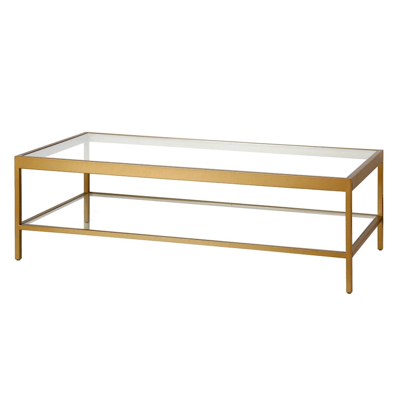 Table basse rectangulaire 54", verre transparent et cadre en acier noir/doré, moderne, 1 étagère