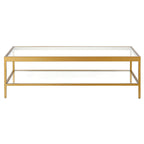 Table basse rectangulaire 54", verre transparent et cadre en acier noir/doré, moderne, 1 étagère