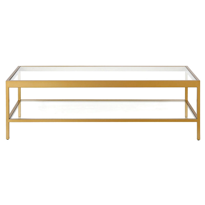 Table basse rectangulaire 54", verre transparent et cadre en acier noir/doré, moderne, 1 étagère