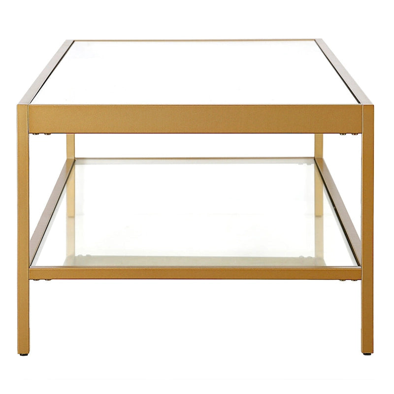 Table basse rectangulaire 54", verre transparent et cadre en acier noir/doré, moderne, 1 étagère
