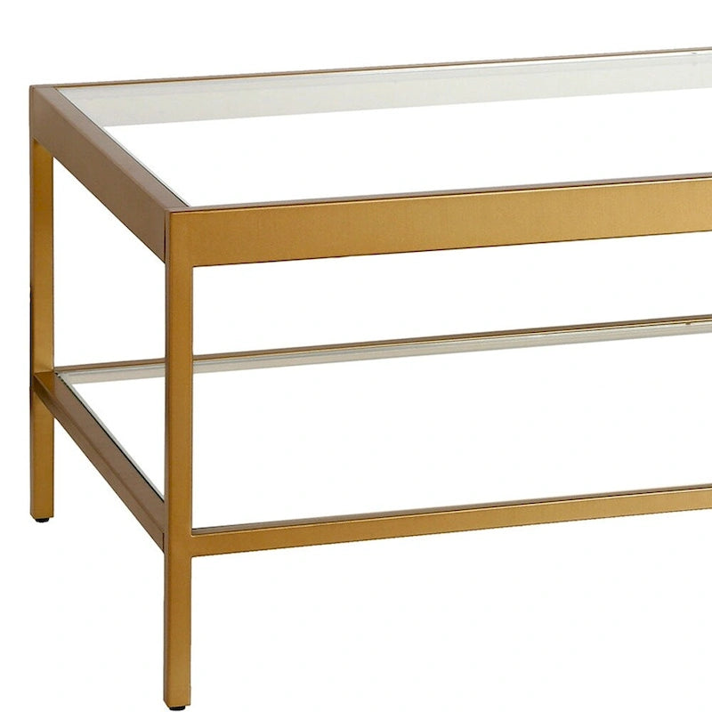 Table basse rectangulaire 54", verre transparent et cadre en acier noir/doré, moderne, 1 étagère