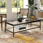 Table basse rectangulaire 54", verre transparent et cadre en acier noir/doré, moderne, 1 étagère
