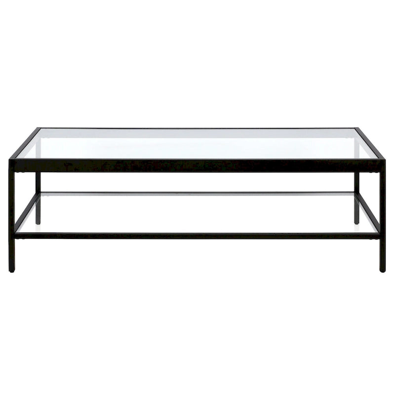 Table basse rectangulaire 54", verre transparent et cadre en acier noir/doré, moderne, 1 étagère