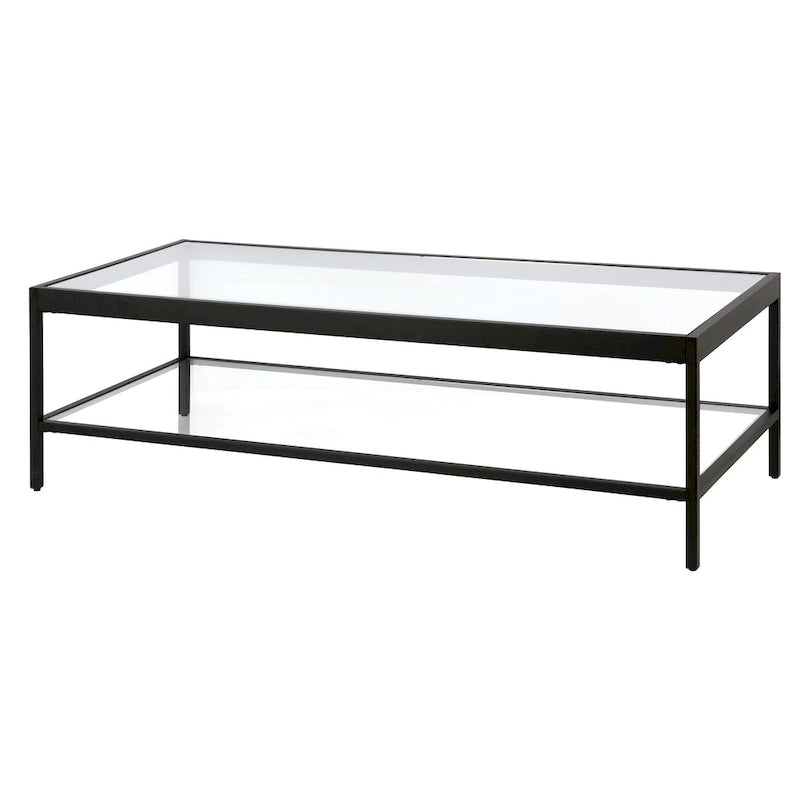 Table basse rectangulaire 54", verre transparent et cadre en acier noir/doré, moderne, 1 étagère
