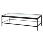 Table basse rectangulaire 54", verre transparent et cadre en acier noir/doré, moderne, 1 étagère