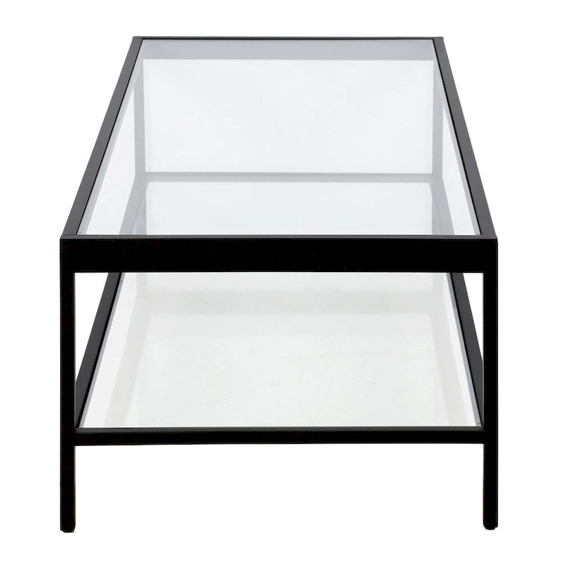 Table basse rectangulaire 54", verre transparent et cadre en acier noir/doré, moderne, 1 étagère