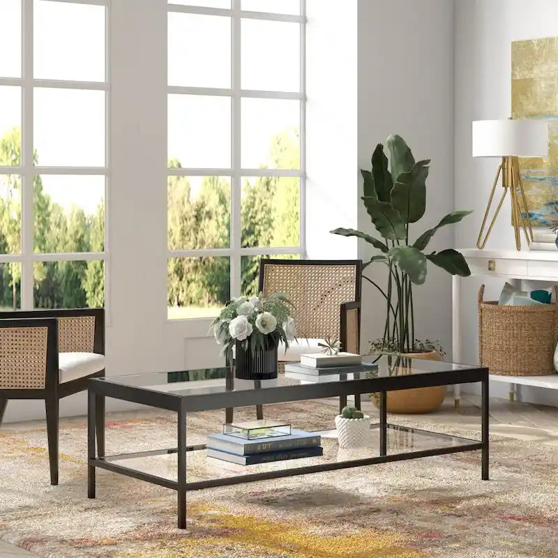 Table basse rectangulaire 54", verre transparent et cadre en acier noir/doré, moderne, 1 étagère