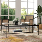 Table basse rectangulaire 54", verre transparent et cadre en acier noir/doré, moderne, 1 étagère