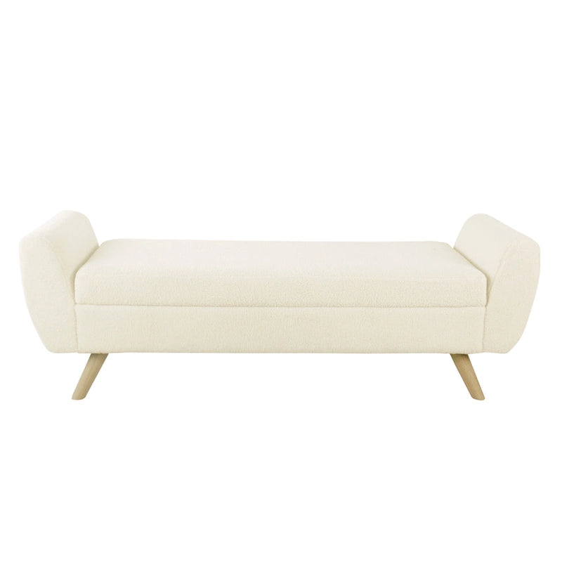 Banc de rangement ottoman avec accoudoirs, Sherpa crème / Pieds marron naturel, 1 place — 152 cm