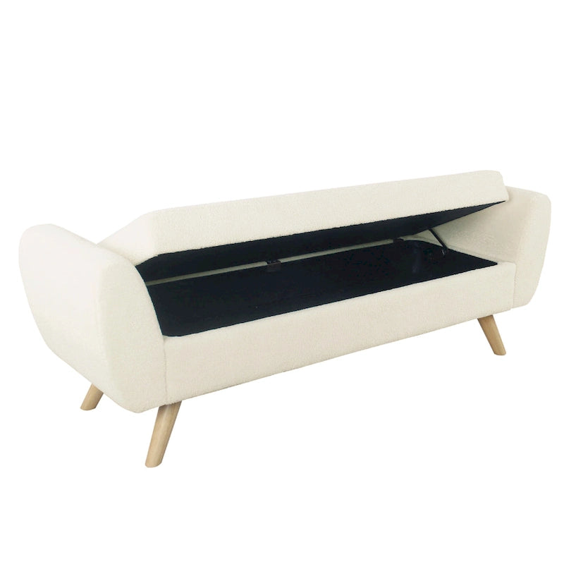 Banc de rangement ottoman avec accoudoirs, Sherpa crème / Pieds marron naturel, 1 place — 152 cm
