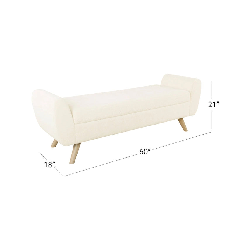 Banc de rangement ottoman avec accoudoirs, Sherpa crème / Pieds marron naturel, 1 place — 152 cm