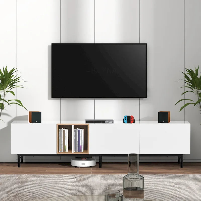 Meuble TV moderne de 76 po avec portes abattantes, blanc/bois naturel, convient aux téléviseurs jusqu'à 80 po