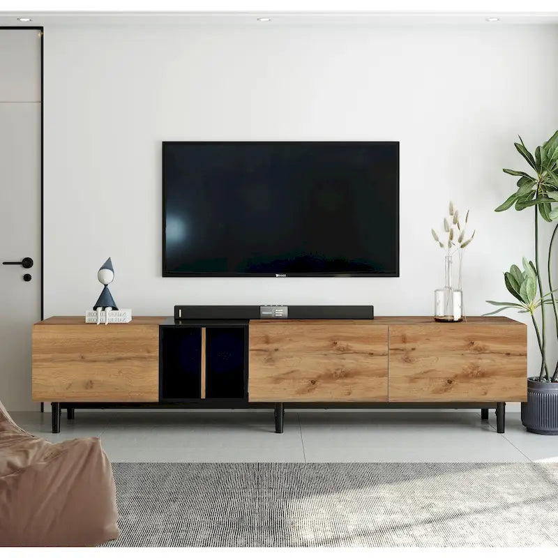 Meuble TV moderne de 76 po avec portes abattantes, blanc/bois naturel, convient aux téléviseurs jusqu'à 80 po