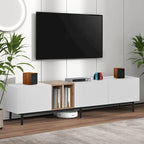 Meuble TV moderne de 76 po avec portes abattantes, blanc/bois naturel, convient aux téléviseurs jusqu'à 80 po