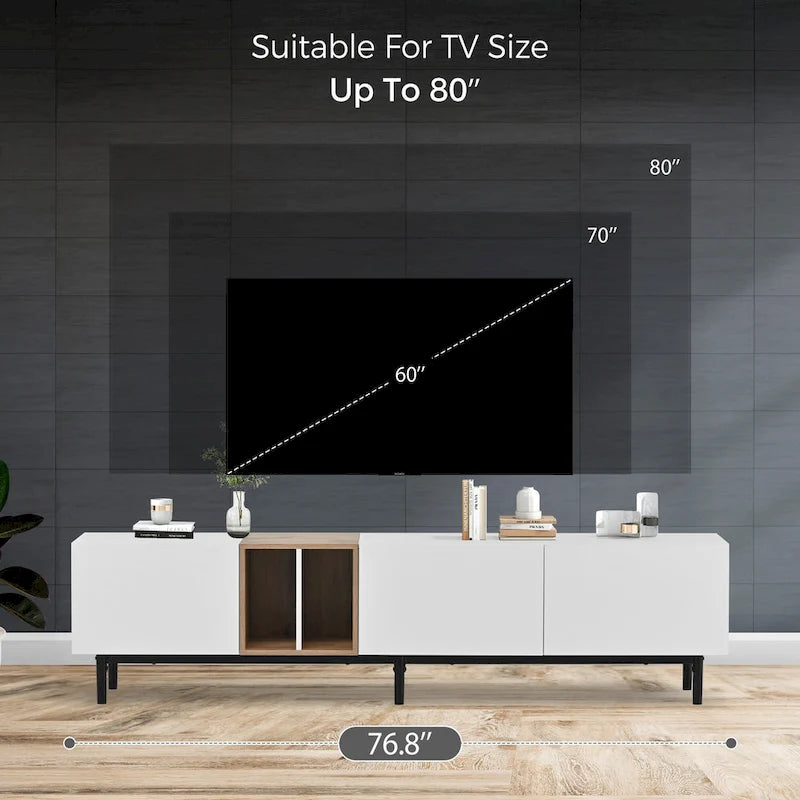 Meuble TV moderne de 76 po avec portes abattantes, blanc/bois naturel, convient aux téléviseurs jusqu'à 80 po