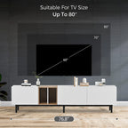 Meuble TV moderne de 76 po avec portes abattantes, blanc/bois naturel, convient aux téléviseurs jusqu'à 80 po