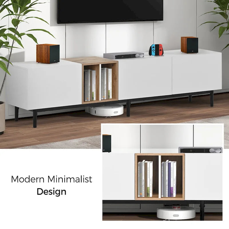 Meuble TV moderne de 76 po avec portes abattantes, blanc/bois naturel, convient aux téléviseurs jusqu'à 80 po