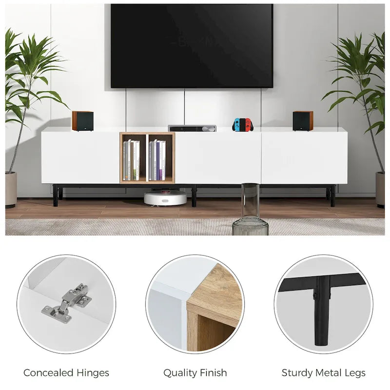Meuble TV moderne de 76 po avec portes abattantes, blanc/bois naturel, convient aux téléviseurs jusqu'à 80 po