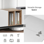 Meuble TV moderne de 76 po avec portes abattantes, blanc/bois naturel, convient aux téléviseurs jusqu'à 80 po