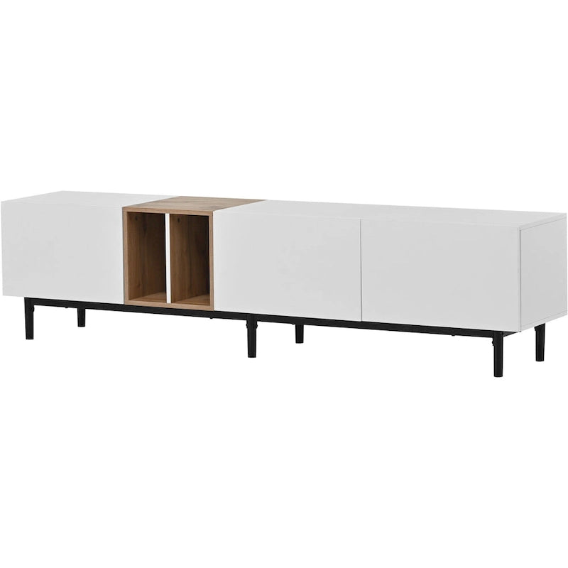 Meuble TV moderne de 76 po avec portes abattantes, blanc/bois naturel, convient aux téléviseurs jusqu'à 80 po