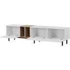 Meuble TV moderne de 76 po avec portes abattantes, blanc/bois naturel, convient aux téléviseurs jusqu'à 80 po