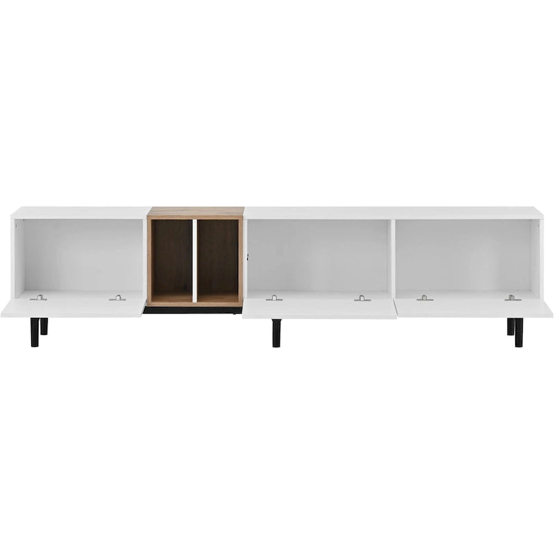 Meuble TV moderne de 76 po avec portes abattantes, blanc/bois naturel, convient aux téléviseurs jusqu'à 80 po