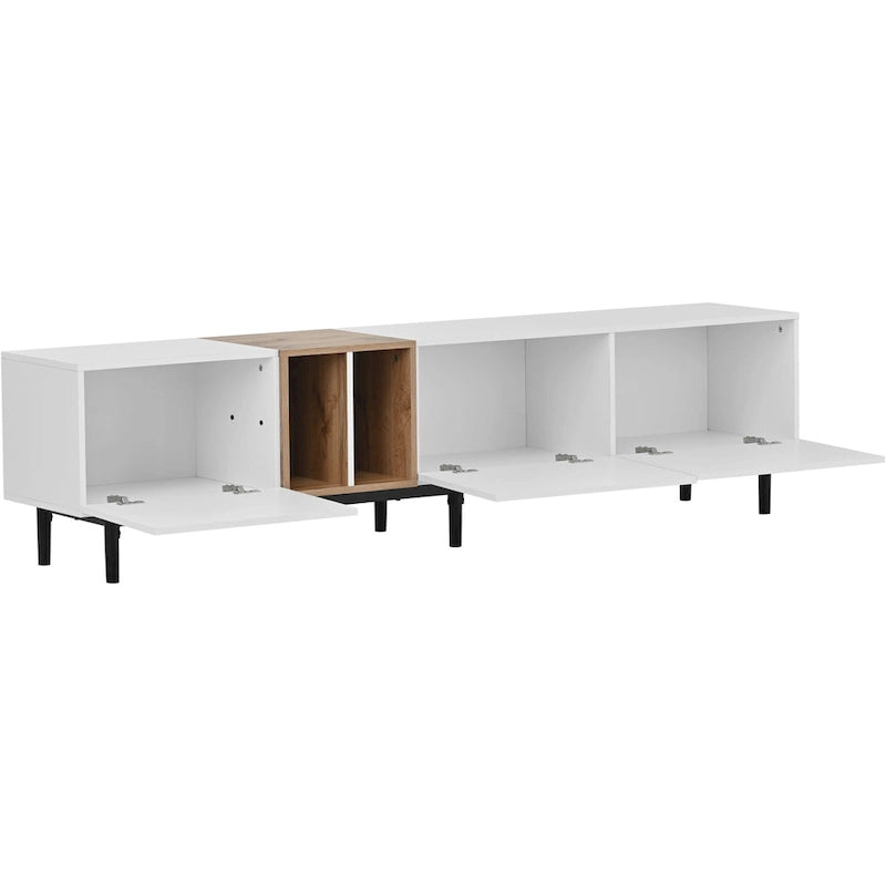 Meuble TV moderne de 76 po avec portes abattantes, blanc/bois naturel, convient aux téléviseurs jusqu'à 80 po