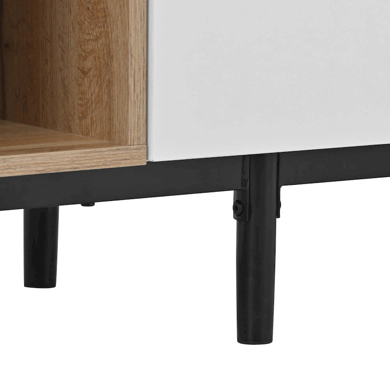 Meuble TV moderne de 76 po avec portes abattantes, blanc/bois naturel, convient aux téléviseurs jusqu'à 80 po