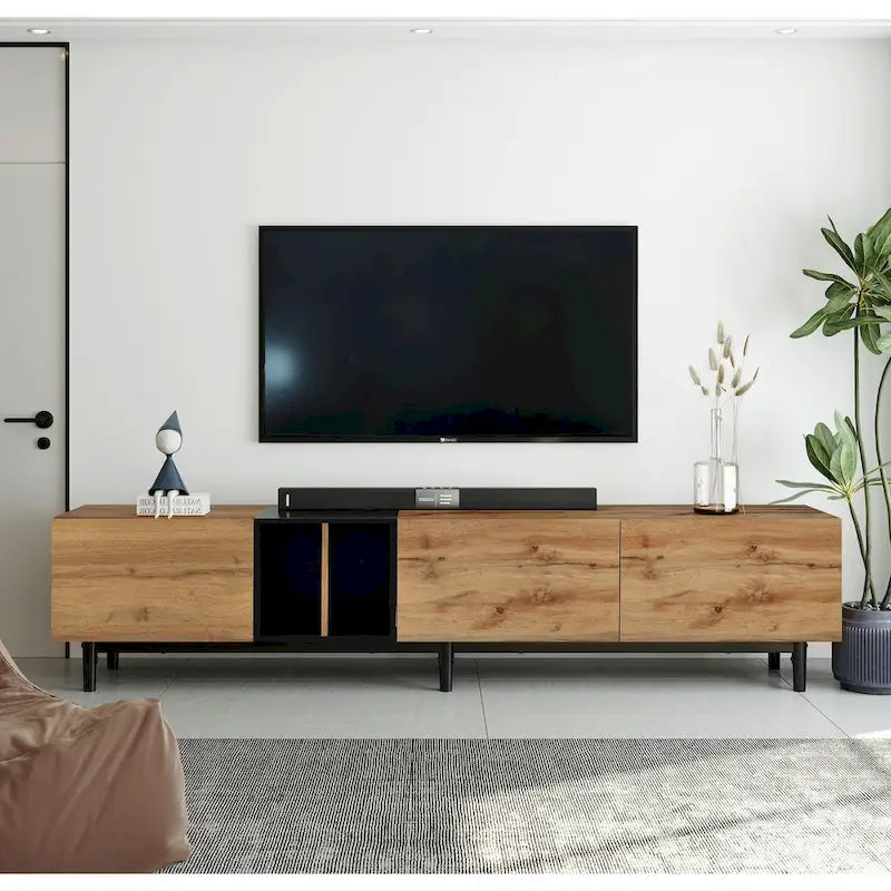 Meuble TV moderne de 76 po avec portes abattantes, blanc/bois naturel, convient aux téléviseurs jusqu'à 80 po