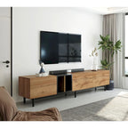 Meuble TV moderne de 76 po avec portes abattantes, blanc/bois naturel, convient aux téléviseurs jusqu'à 80 po