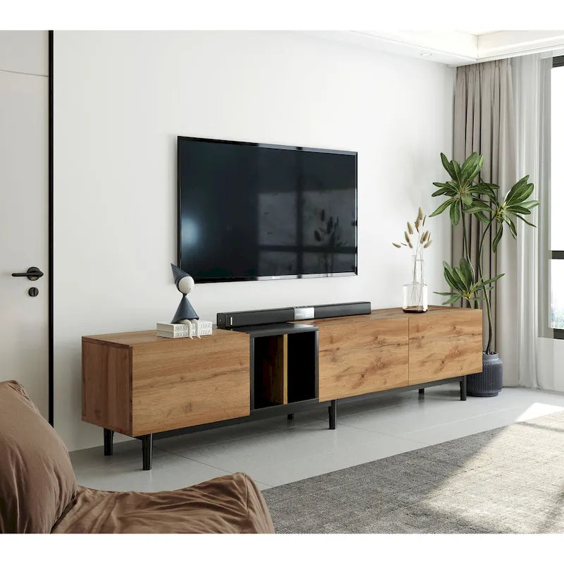 Meuble TV moderne de 76 po avec portes abattantes, blanc/bois naturel, convient aux téléviseurs jusqu'à 80 po