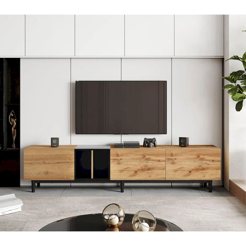 Meuble TV moderne de 76 po avec portes abattantes, blanc/bois naturel, convient aux téléviseurs jusqu'à 80 po