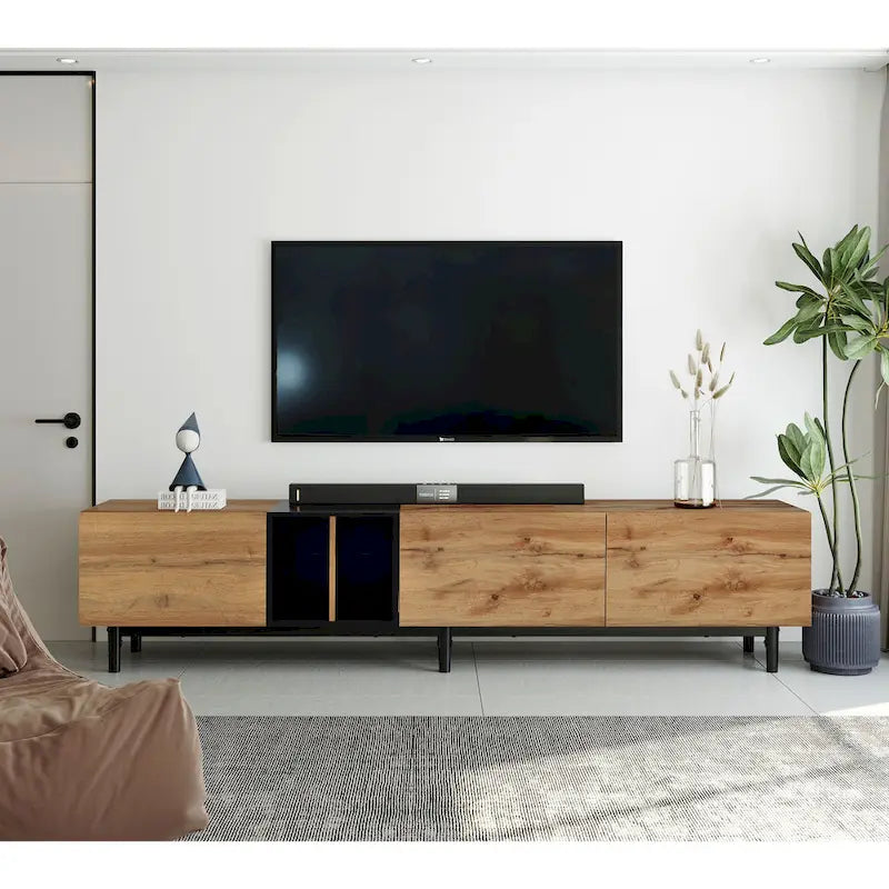 Meuble TV moderne de 76 po avec portes abattantes, blanc/bois naturel, convient aux téléviseurs jusqu'à 80 po