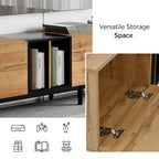 Meuble TV moderne de 76 po avec portes abattantes, blanc/bois naturel, convient aux téléviseurs jusqu'à 80 po