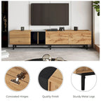 Meuble TV moderne de 76 po avec portes abattantes, blanc/bois naturel, convient aux téléviseurs jusqu'à 80 po