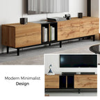 Meuble TV moderne de 76 po avec portes abattantes, blanc/bois naturel, convient aux téléviseurs jusqu'à 80 po
