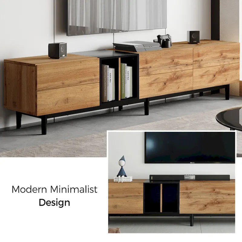 Meuble TV moderne de 76 po avec portes abattantes, blanc/bois naturel, convient aux téléviseurs jusqu'à 80 po