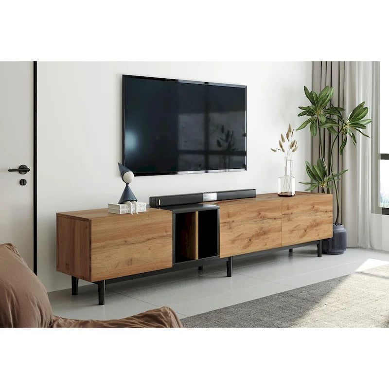Meuble TV moderne de 76 po avec portes abattantes, blanc/bois naturel, convient aux téléviseurs jusqu'à 80 po