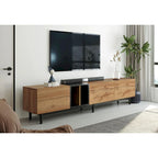 Meuble TV moderne de 76 po avec portes abattantes, blanc/bois naturel, convient aux téléviseurs jusqu'à 80 po