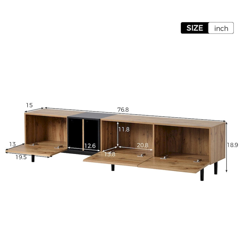Meuble TV moderne de 76 po avec portes abattantes, blanc/bois naturel, convient aux téléviseurs jusqu'à 80 po