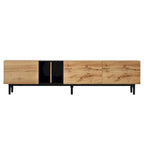 Meuble TV moderne de 76 po avec portes abattantes, blanc/bois naturel, convient aux téléviseurs jusqu'à 80 po